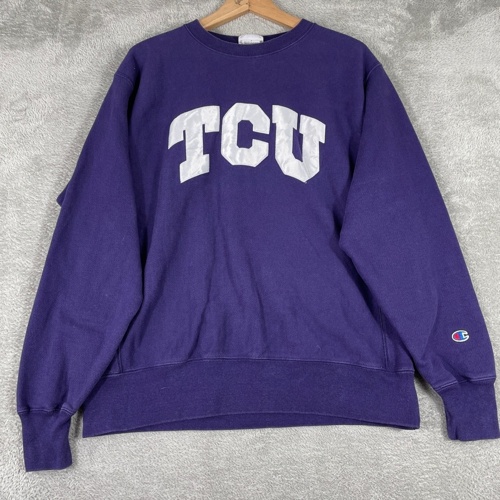 Champion TCU Reverse Weave Sweatshirt Mens Medium Purple‎ Graphic Pullover Logo